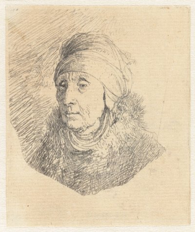Kobieta w wysokim nakryciu głowy owiniętym wokół podbródka: popiersie autorstwa Rembrandt van Rijn