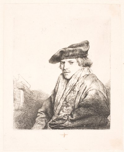 Młody mężczyzna w aksamitnej czapce z książkami obok niego autorstwa Rembrandt van Rijn
