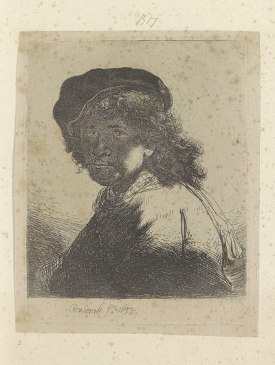 Autoportret z beretem i apaszką, twarz w cieniu Recueil de quatre-vingt-cinq estampes originales (tytuł serii) autorstwa Rembrandt van Rijn