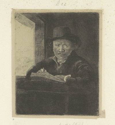 Autoportret, rysowanie w oknie Recueil de quatre-vingt-cinq estampes originales (tytuł serii) autorstwa Rembrandt van Rijn