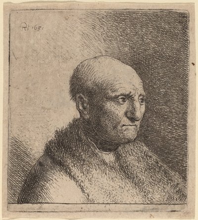 Łysy mężczyzna w futrzanym płaszczu autorstwa Rembrandt van Rijn and Studio of Rembrandt