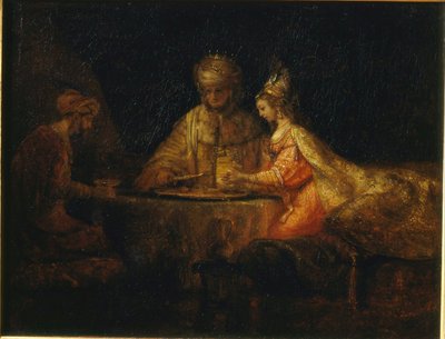 Aswerus, Haman i Estera autorstwa Rembrandt van Rijn