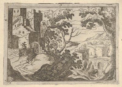 Krajobraz z zabudowaniami po lewej stronie i mostem po prawej poniżej, ca. 1620-50. autorstwa Remigio Cantagallina
