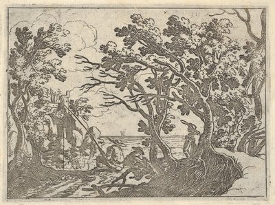 Krajobraz z rybakiem na lądzie i widzem mężczyzny pod drzewami, mężczyzna w dziobie łodzi..., ca. 1620-50. autorstwa Remigio Cantagallina