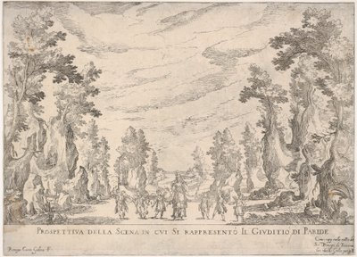 Widok sceny, w której przedstawiony jest sąd paryski Prospettiva della scena i..., 1608. autorstwa Remigio Cantagallina