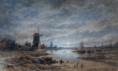 Księżycowa noc (krajobraz kanałowy z wiatrakami i statkami) autorstwa Remigius Adrianus van Haanen