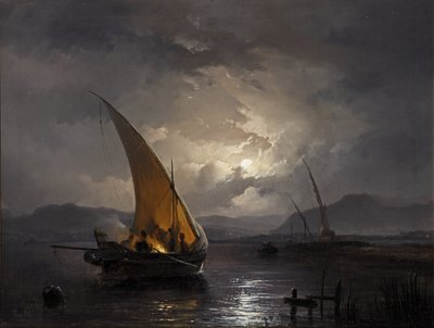 Nocny pejzaż z żaglówką na ognisku, po 1860 r. (olej na płótnie) autorstwa Remigius van Haanen