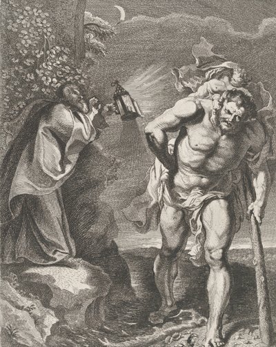 Św. Krzysztof niosący Dzieciątko Jezus przez strumień, inny mężczyzna trzymający ..., ca. 1636-80. autorstwa Remoldus Eynhoudts