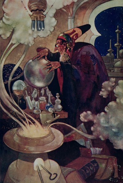 „Po długim i uważnym toku magicznych dociekań” z „Arabian Nights” (litografia kolorowa) autorstwa René Bull