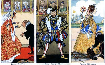 Król Henryk VIII z dwiema córkami, Marią I i Elżbietą I, 1936 r. autorstwa René Bull