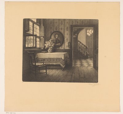 Wnętrze z portretem, stołem i widokiem na korytarz autorstwa René Janssens (signed by artist)
