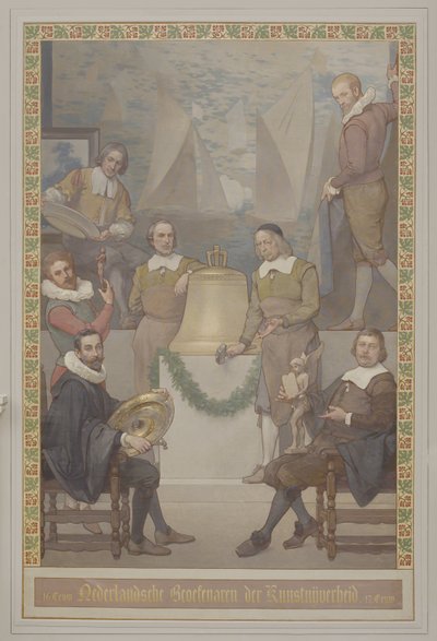 Obraz w Voorhal autorstwa Georga Sturma sztuki użytkowej (w tym wykonanie zegarów) z napisem: XVI w. Holendrzy praktykujący sztukę użytkową XVII w. autorstwa René den Engelsman