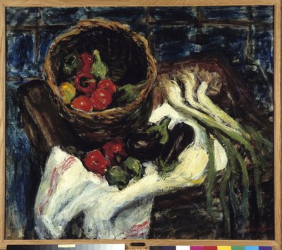 Martwa natura w koszyku warzyw, papryce, bakłażanie i porach (olej na płótnie) autorstwa Rene Auguste Seyssaud