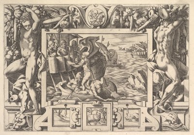 Aeëtes zbiera kończyny Absyrtów Podczas gdy on podnosi kończyny, Grecy robią d..., 1563. autorstwa Rene Boyvin