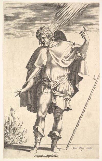 Empedokles, stojąc frontalnie z głową zwróconą w trzech czwartych, kieruje..., ok. godz. 1545-63. autorstwa Rene Boyvin