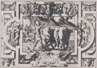 Jason sieje zęby smoka Jason oswaja je, kajdany i ora ich p..., 1563. autorstwa Rene Boyvin