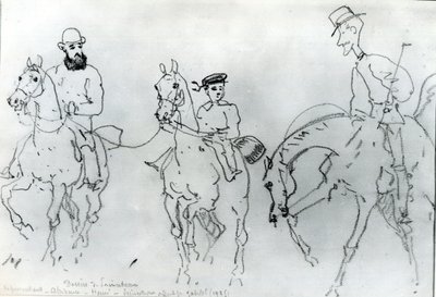 Trzej jeźdźcy: Henri de Toulouse-Lautrec (1864-1901) między swoim ojcem, hrabią Alphonse i artystą autorstwa Rene Princeteau