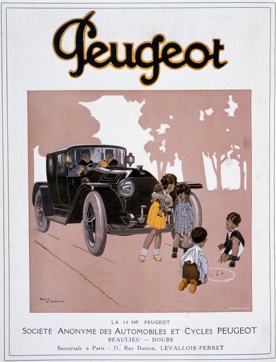 Reklama Peugeota „Peugeot 14 KM” w „Comoedia illustrious”” z 20 grudnia autorstwa Rene Vincent