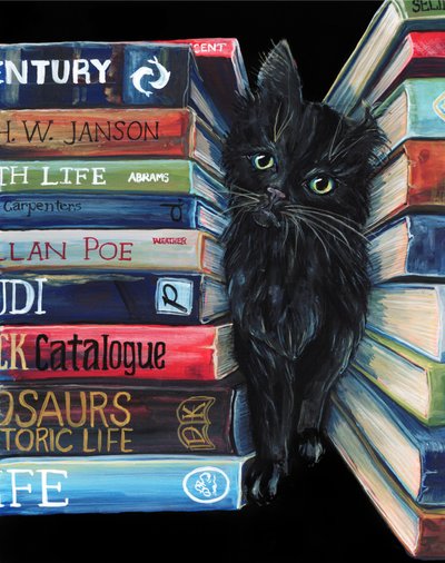 Ciekawski kot z biblioteki autorstwa Renee Machan Cottagecore Artist