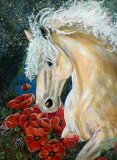 Marzycielski koń i maki autorstwa Renee Machan Cottagecore Artist