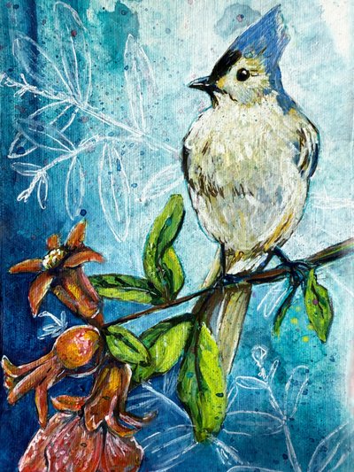 Sikora czubata i granat autorstwa Renee Machan Cottagecore Artist