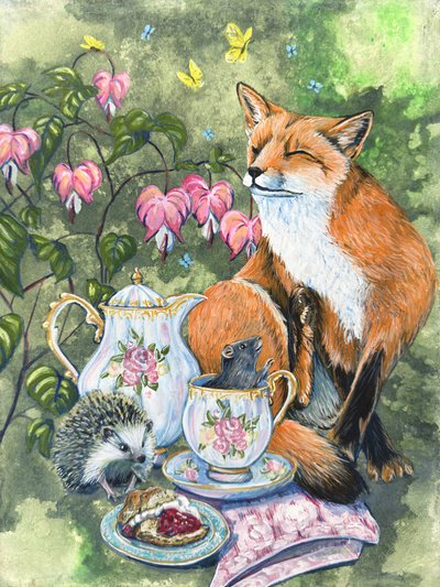 „Popołudniowa herbatka” – lis, jeż i mysz wśród kwiatów serduszki autorstwa Renee Machan autorstwa Renee Machan Cottagecore Artist