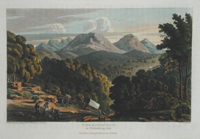 Trekatackaw w Plettenberg Bay, sporządzony z oryginalnego szkicu R. Cockinga, opublikowany 1818 (kolorowa rycina) autorstwa Rev. Christian Ignatius (after) Latrobe