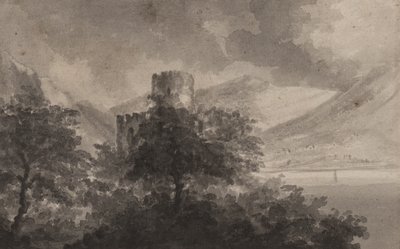Zalesiony zamek Lakeland: capriccio, 1804 (pędzel i monochromatyczne przemycia na papierze) autorstwa Rev. William Gilpin
