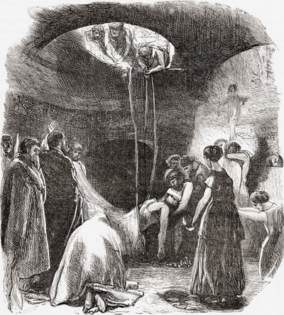 Wczesnochrześcijański pochówek w katakumbach Rzymu, Włochy. Z włoskich obrazów ks. Samuela Manninga, opublikowanych ok. 1890 r. autorstwa Reverend Samuel Manning
