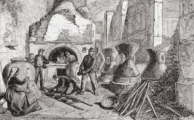 Piec piekarski, młyny do chleba i mąki odkryte podczas wykopalisk w Pompejach, Neapol, Włochy pod koniec XIX wieku. Z włoskich obrazów ks. Samuela Manninga, opublikowanych ok. 1890 r. autorstwa Reverend Samuel Manning