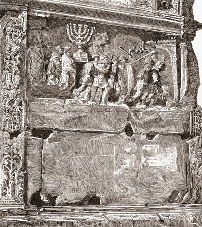 Płaskorzeźba z południowego panelu "Łupy wojenne", przedstawiająca procesję triumfalną na Łuku Tytusa, Via Sacra, Forum Romanum, Rzym, Włochy. Z włoskich obrazów ks. Samuela Manninga, opublikowanych około 1890 roku. autorstwa Reverend Samuel Manning