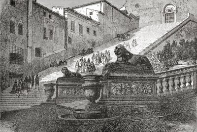 Schody prowadzące do Bazyliki Najświętszej Maryi Panny Ołtarza Niebios, Rzym, Włochy pod koniec XIX wieku. Z włoskich obrazów ks. Samuela Manninga, opublikowanych około 1890 roku. autorstwa Reverend Samuel Manning