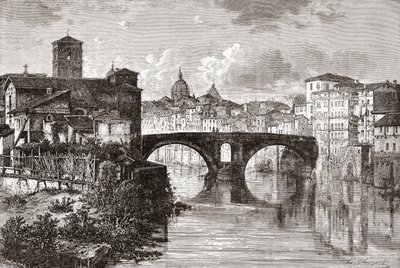 Pons Fabricius lub Ponte dei Quattro Capi i wyspa na Tybrze, Rzym, Włochy pod koniec XIX wieku. Z włoskich obrazów ks. Samuela Manninga, opublikowanych ok. 1890 r. autorstwa Reverend Samuel Manning