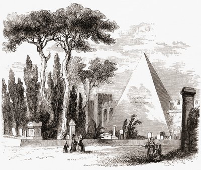 Cmentarz protestancki i piramida Cestiusza, Rzym, Włochy pod koniec XIX wieku. Z włoskich obrazów ks. Samuela Manninga, opublikowanych około 1890 roku. autorstwa Reverend Samuel Manning