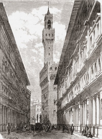 Uffizi, Palazzo Vecchio i rzeźby na Piazza della Signoria, Florencja, Włochy pod koniec XIX wieku. Z włoskich obrazów ks. Samuela Manninga, opublikowanych około 1890 roku. autorstwa Reverend Samuel Manning