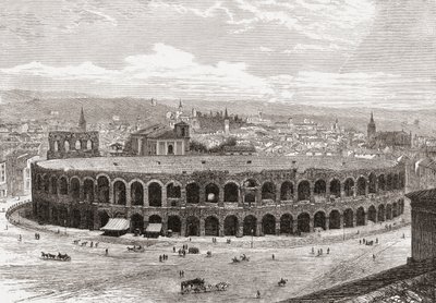 Arena w Weronie, Piazza Bra, Werona, Włochy pod koniec XIX wieku. Z włoskich obrazów ks. Samuela Manninga, opublikowanych około 1890 roku. autorstwa Reverend Samuel Manning
