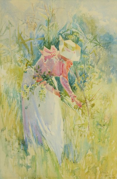 Zbieranie dzikich kwiatów 1900 (akwarela na papierze) autorstwa Rhoda Holmes Nicholls