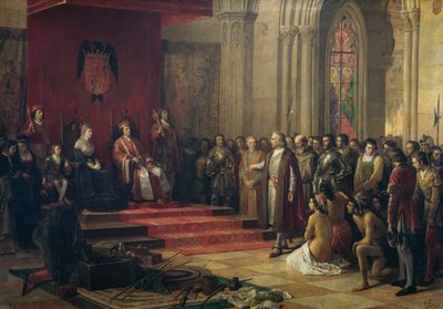 Krzysztof Kolumb przyjęty przez królów katolickich w Barcelonie po powrocie z pierwszej podróży do Ameryki, obraz Ricardo Balaca z 1874 r. (1844-1880), olej na płótnie autorstwa Ricardo Balaca y Canseco