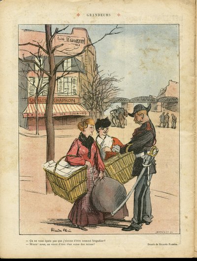 Ilustracja Ricardo Floresa (1878-1918) w Le Rire, 29.02.08 - Grandeur - Paryż, Zawody, Architektura Urbanistyka, Miłość, Sklepy, Metro - Praczki Praczki autorstwa Ricardo Flores