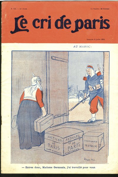 Ilustracja przedstawiająca Ricardo Floresa (1878-1918) na okładkę Le Cri de Paris, 09.07.11 - „” Wpisz tak droga madame, pracowałem dla ciebie.” - Niemcy Prusy, Maroko, Maghreb - Germania autorstwa Ricardo Flores
