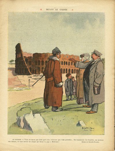 Ilustracja przedstawiająca Ricardo Floresa (1878-1918) w Le Rire, 03.04.09 - Przed Colisee - Włochy, Turystyka Turyści, Colisee autorstwa Ricardo Flores