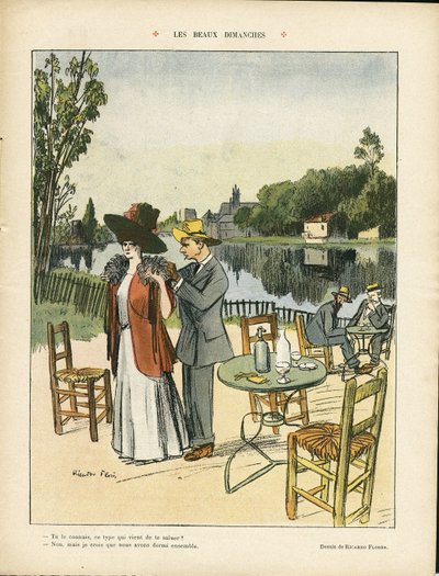 Ilustracja przedstawiająca Ricardo Floresa (1878-1918) w Le Rire, 04.07.08 - Piękne niedziele - wypoczynek, przyroda, roślinność, architektura urbanistyka, kawiarnie restauracyjne, nadmorskie wybrzeże autorstwa Ricardo Flores