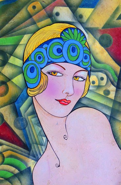 Portret dziewczyny w stylu art déco z epoki flapperów autorstwa Ricardo Maya