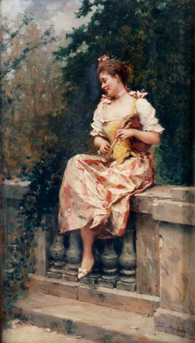 Dziewczyna z fletem, ok. 1895 (olej na płycie) autorstwa Ricardo de Madrazo y Garreta