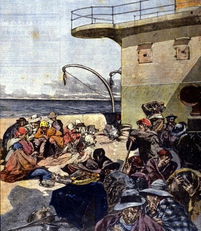 włoska emigracja do Kanady; podróż na pokładzie jeziora Megantic odbyła się w dość trudnych warunkach. Zdj. R. Pellegrini. La Domenica del Corriere. 02/06/1901. autorstwa Riccardo Pellegrini