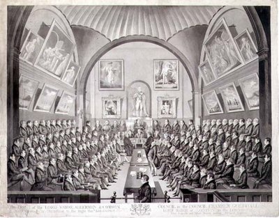 Lord Mayor, Aldermen and Common Council w Council Chamber Guildhall w Londynie, grawerowane przez Thomasa Sutherlanda (b.c.1785) opublikowane 1825 (lito) autorstwa Richard (after) Dighton