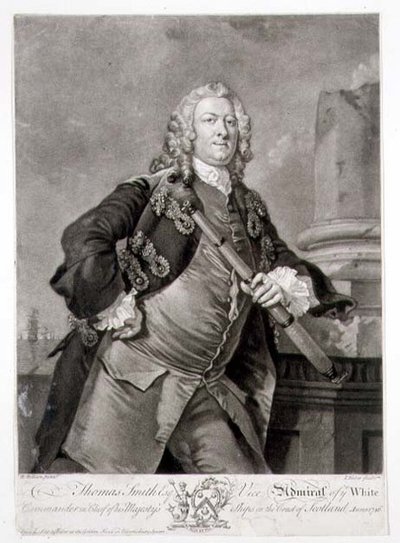 Portret admirała Thomasa Smitha (zm.1762) wiceadmirała Białych, rytowany przez Johna Fabera (1684-1756) 1746 (grafika) autorstwa Richard (after) Wilson