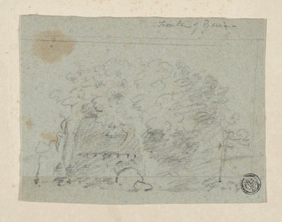 Szkic drzew w pobliżu mostu (węgiel i grafit na niebieskim papierze wykładanym, przelany na kremowy papier tkany) autorstwa Richard (attr.to) Wilson