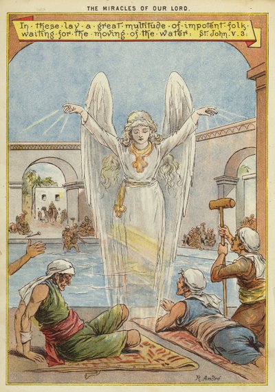 Cuda Chrystusa: chorzy oczekujący na ruch wody przez anioła (chromolitho) autorstwa Richard Andre