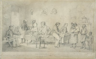 Biuro Obrońcy Niewolników, Trynidad, ok. 1833 r. (grafit na tkanym papierze) autorstwa Richard Bridgens